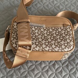 DKNY Beige and Brown Logo Crossbody Bag